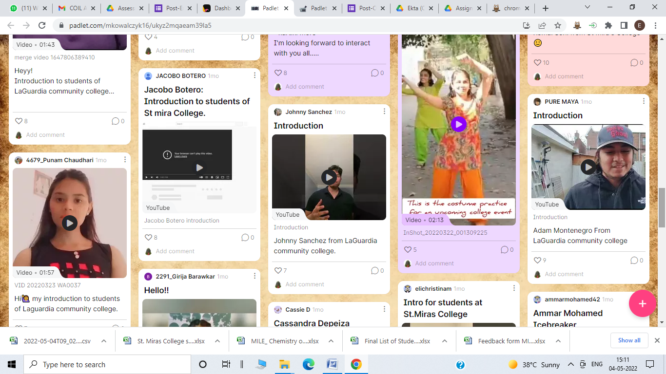 Padlet Photos Students put their videos and comments